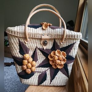 Vintage Woven Straw Rattan Wicker Basket Vacation Tote Bag Purse